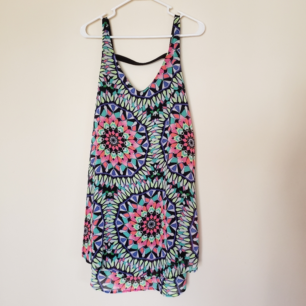 Xhilaration neon color geometric pattern fractal layered chiffon mini dress Med